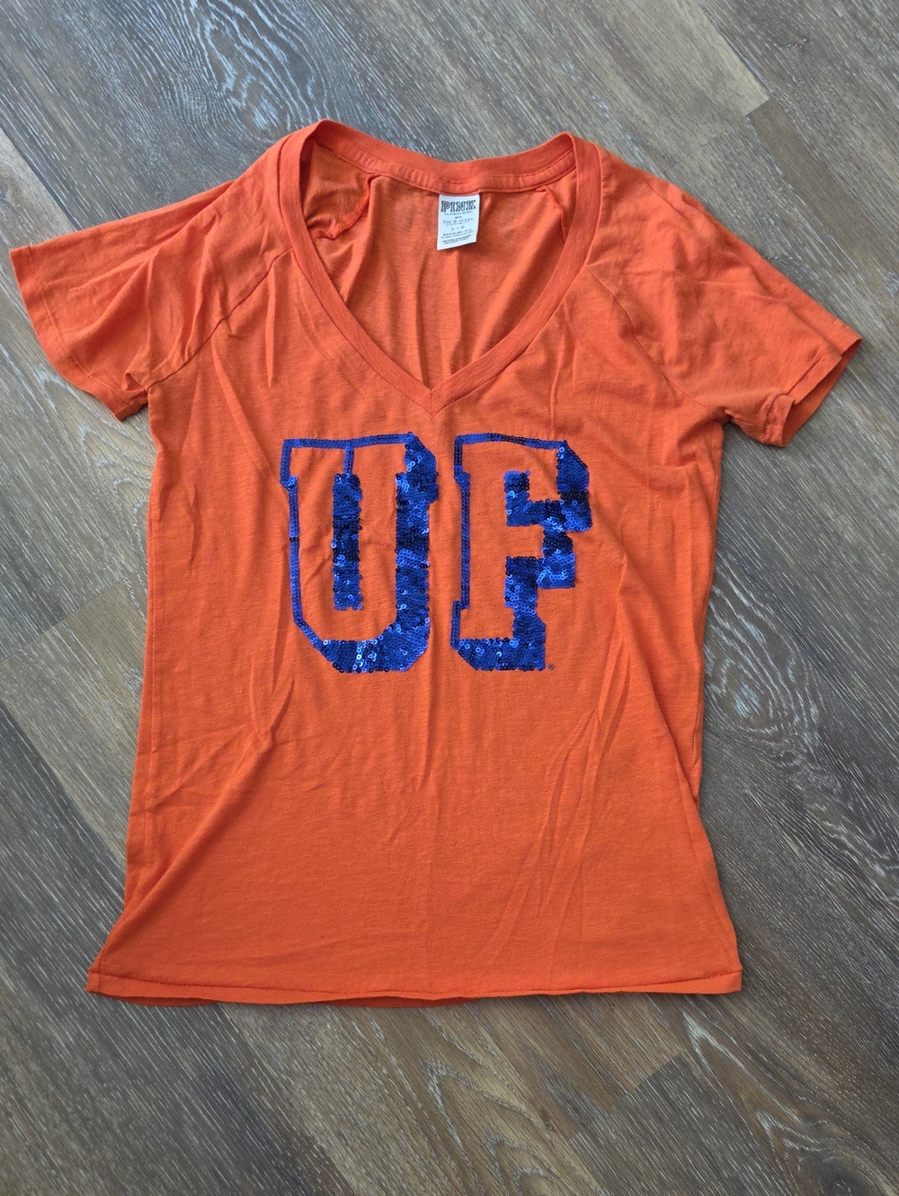 PINK Victoria's Secret Orange V-Neck Tee with Blue Sequin UF